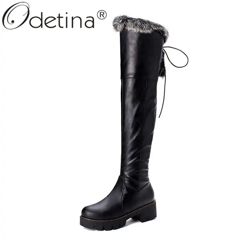Женские ботфорты на толстом меху odeina Зимние Модные теплые сапоги выше колена