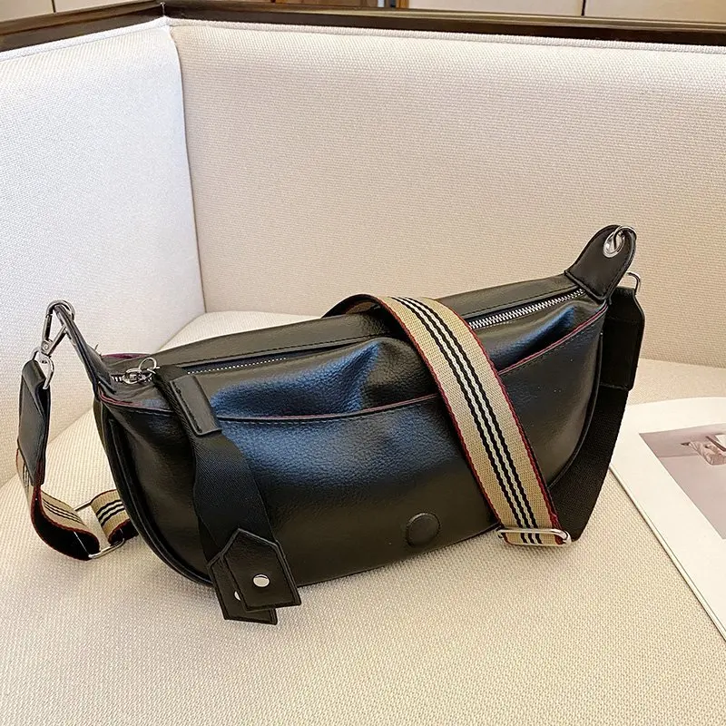 

Casual Travel Crossbody Bags For Women Wide Strap Chest Bag Half Moon Leisure Women Shoulder Bag Simple Solid Color Leather Tote