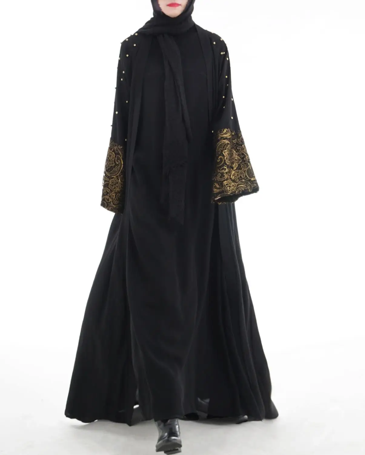 Мусульманская черная Абая, мусульманская одежда для женщин, мусульманская открытая Абая с жемчугом, Дубай, кафтан, платье, Турецкая Абая, му...