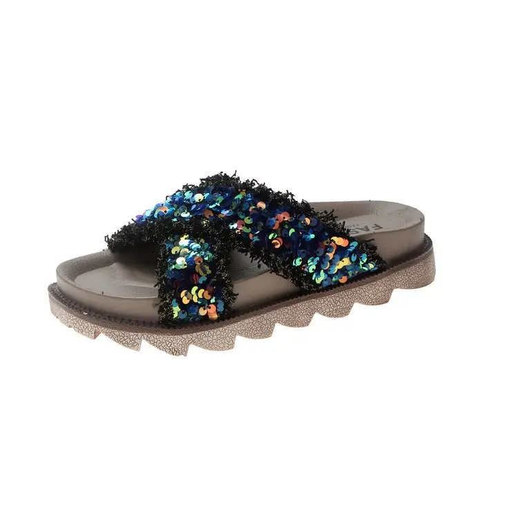 

Beach Shoes Woman's Slippers Luxury Slides Platform Sabot 2021 Summer Designer Flat Rubber Basic Fabric PU Bling House Slippers