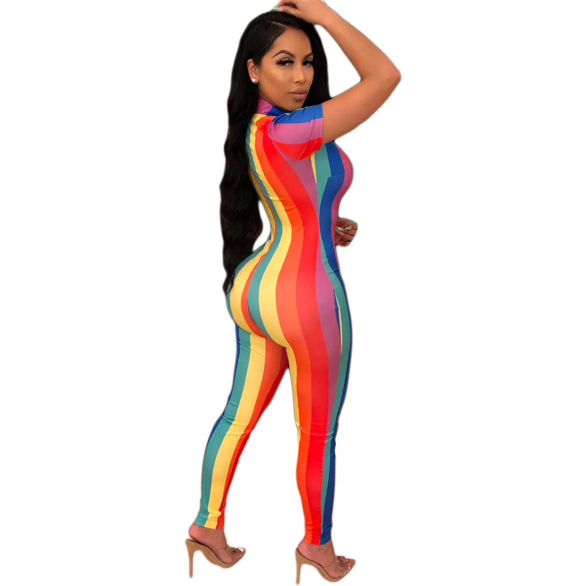 Rainbow Striped Rompers Womens Jumpsuit Summer Front Zipper Short Sleeve Bodycon Overall Streetwear Deep V Neck Skinny Bodysuits