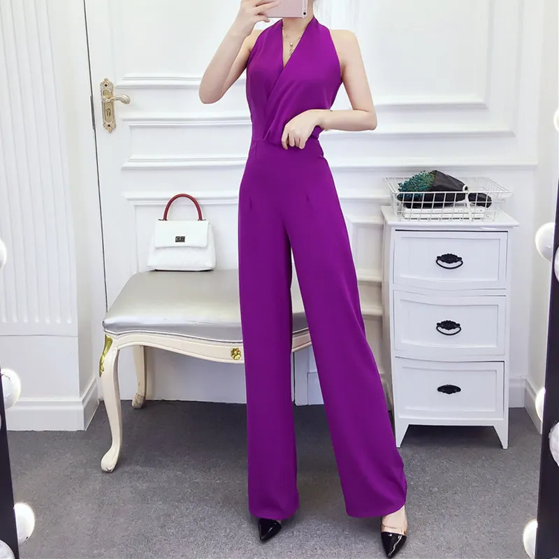 RealShe женский элегантный комбинезон с лямкой на шее без рукавов одноцветные штаны