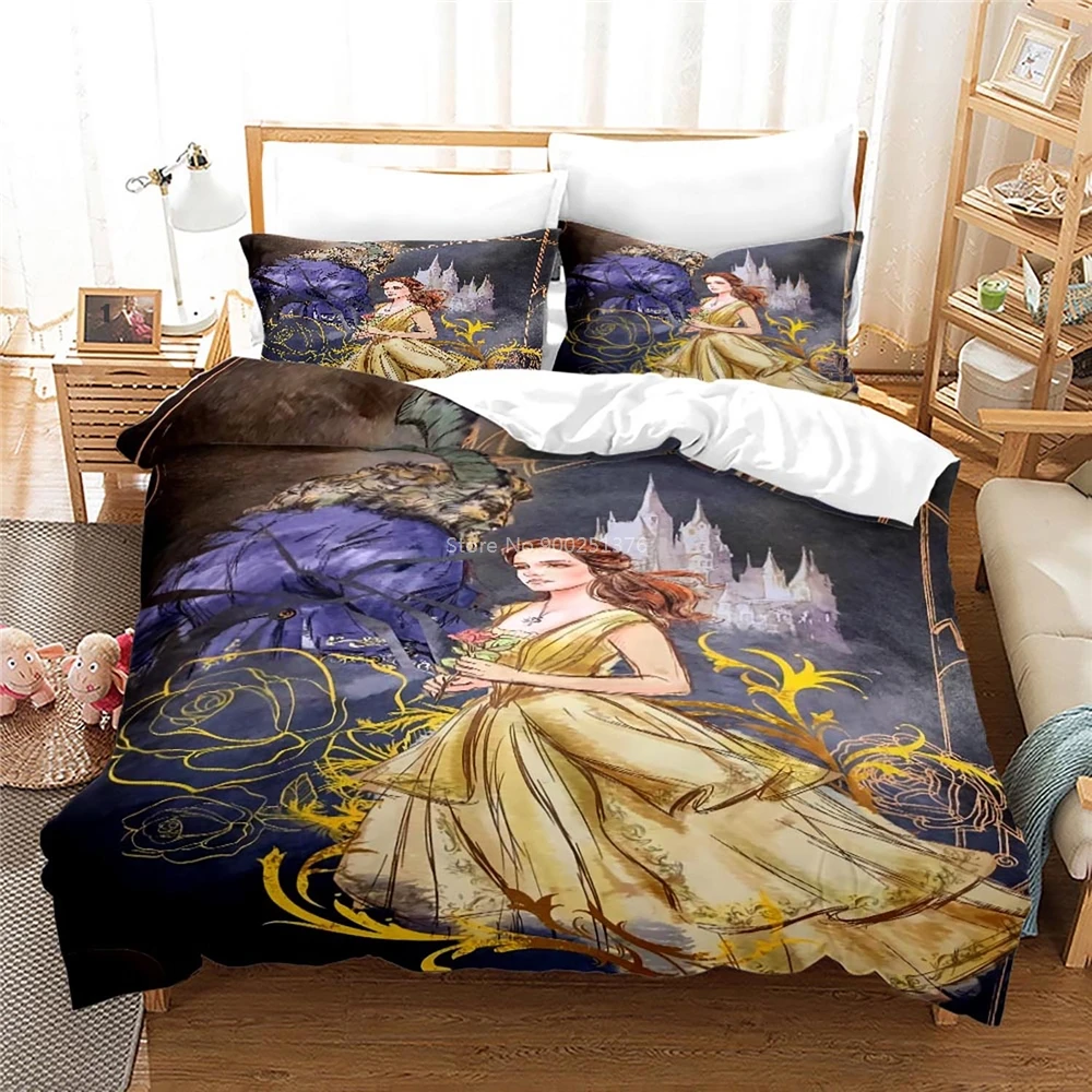 

Disney Cartoon Beauty and The Beast Duvet Cover Set Queen King Size Bedding Set Soft Home Textile Bedclothes for Kids Girls Gift