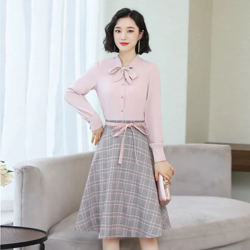 

Fashion Casual Brief Twinset High Waist Plaid Bow Two Piece Set Single Breasted Loose Vintage A-line Women 2 Piece Skirt Sets