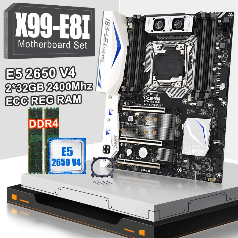 Online JINGSAH X99 E8I Motherboard Set Mit XEON E5 2650V4 LGA2011-3 Alle Serie DDR4 32GB 2400 ECC REG Speicher NVME USB 3,0 Turbo Boost