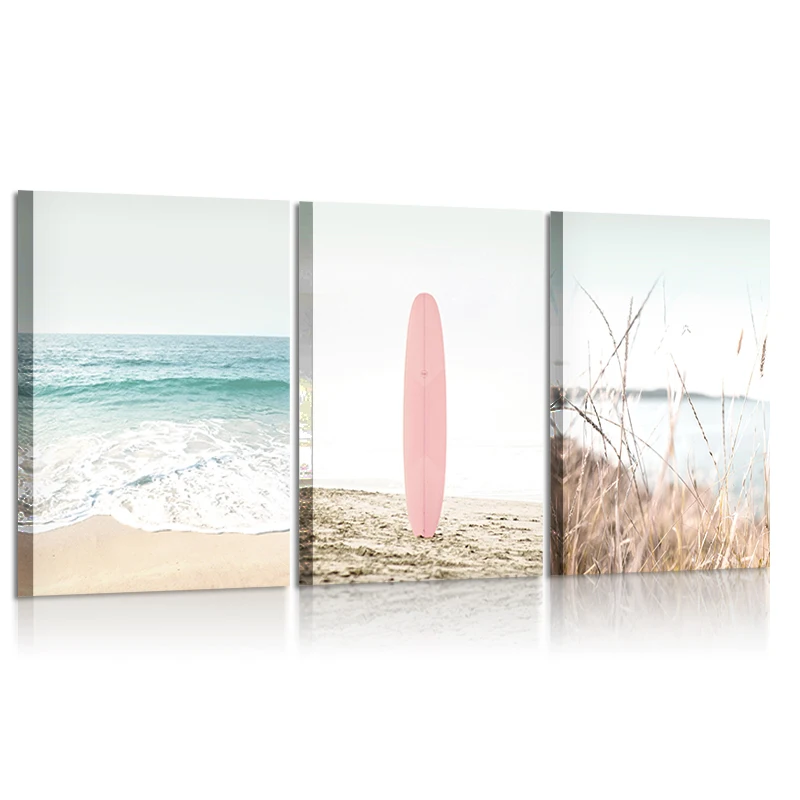 

Set of 3 Beach Frame Wall Art Printable Coastal Decoration Picture Pastel Beach Prints Canvas Painting Pink Surfboard Home Decor