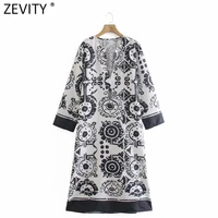 zevity 2021 women vintage v neck totem floral print contrast color shirt dress chic female casual straight kimono vestido ds8369