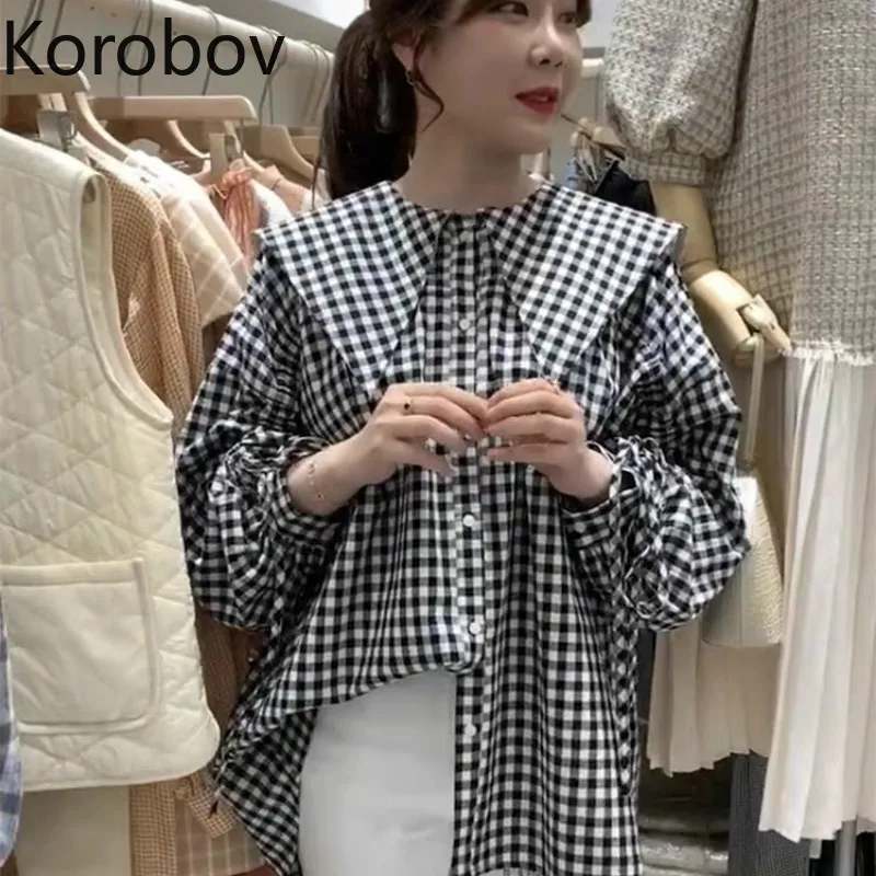 Корейская Ретро блузка Korobov в клетку женская большая Повседневная рубашка с