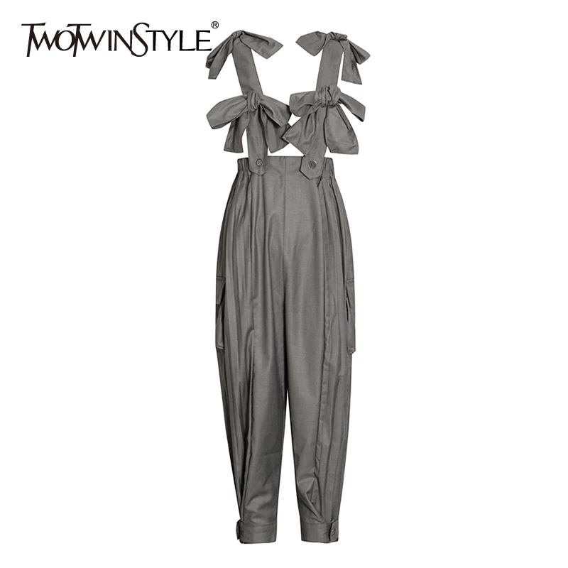 

TWOTWINSTYLE Patchwork Bowknot Casual Jumpsuits For Women High Waist Straight Solid Jumpsuit Females Fashion Clothing 2021 Style