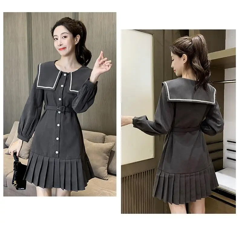 

NONSAR College Wind Woolen Dress Women's Autumn And Winter High Waist Temperament Navy Collar 2021 Models