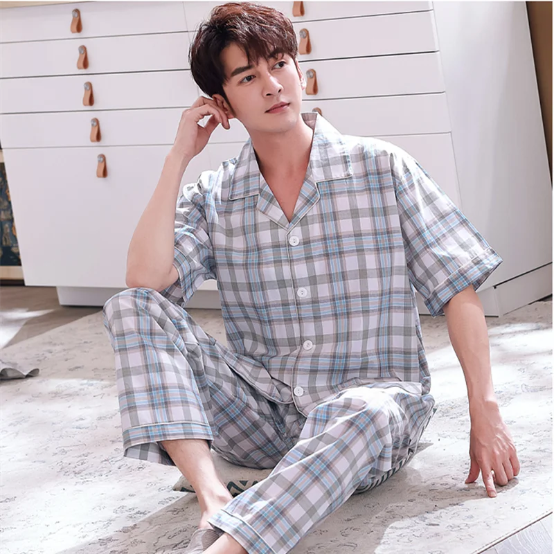 

2020 Men'S Pajamas Cotton Sleepwear Spring Summer Short-Sleeved Trousers Thin Section Loose Plus Size Woven Cotton Pajamas