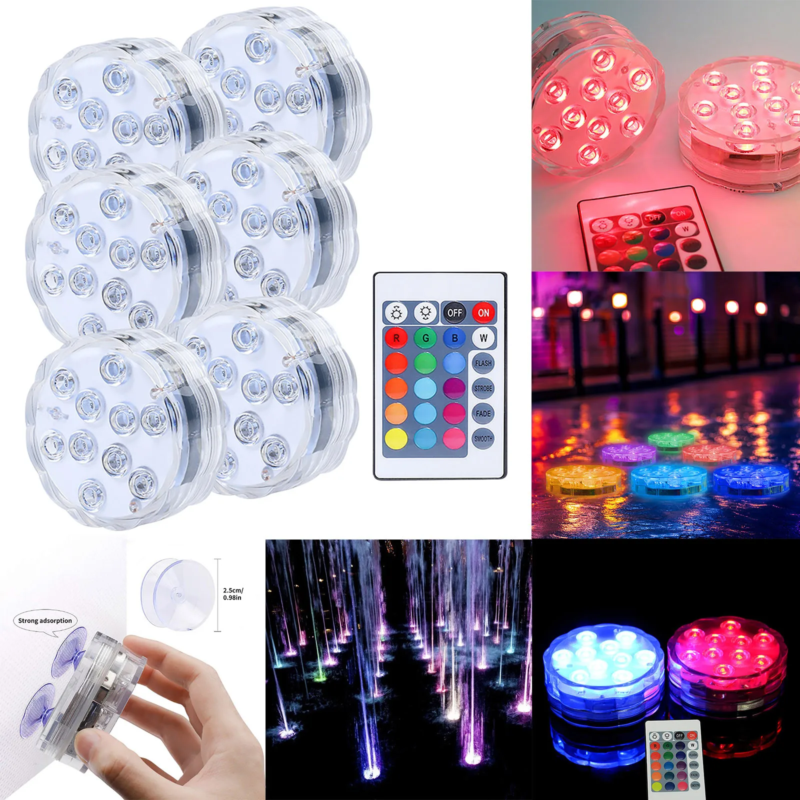 

6pcs Mini Swimming Pool Light 3LED Remote Control Underwater Lamp Dimmable Timmer Submersible Lamp With Magnet Suction Cup