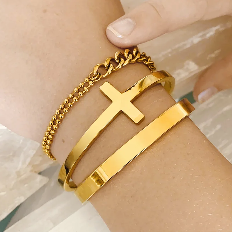 

Cross Cuff Bracelet for Women Stackable Stainless Steel Open Cuff Bangle Women Geometric Jewelry