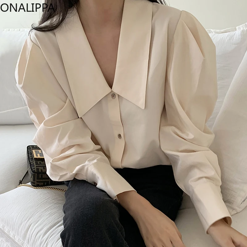 

ONALIPPA Lantern Sleeve Shirt Ladies Korean Simple Gentle Lapel Single-Breasted Button All-Match Loose Solid Color Casual Blouse