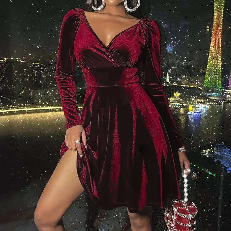 Женское бархатное вечернее платье средней длины бордовое Привлекательное с