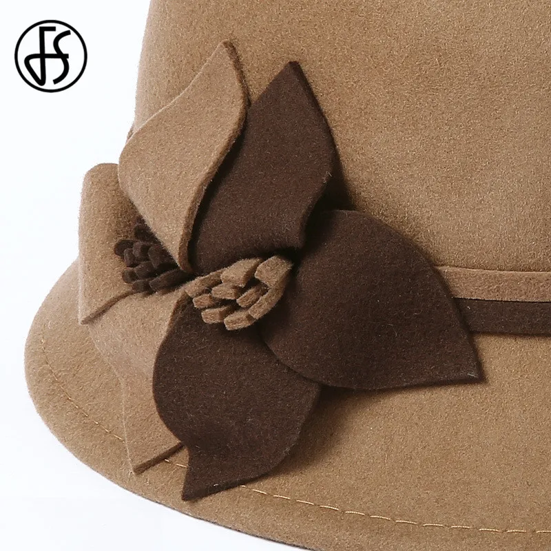 Женская винтажная шерстяная шляпка Колокол FS Шляпка из фетра с цветами для