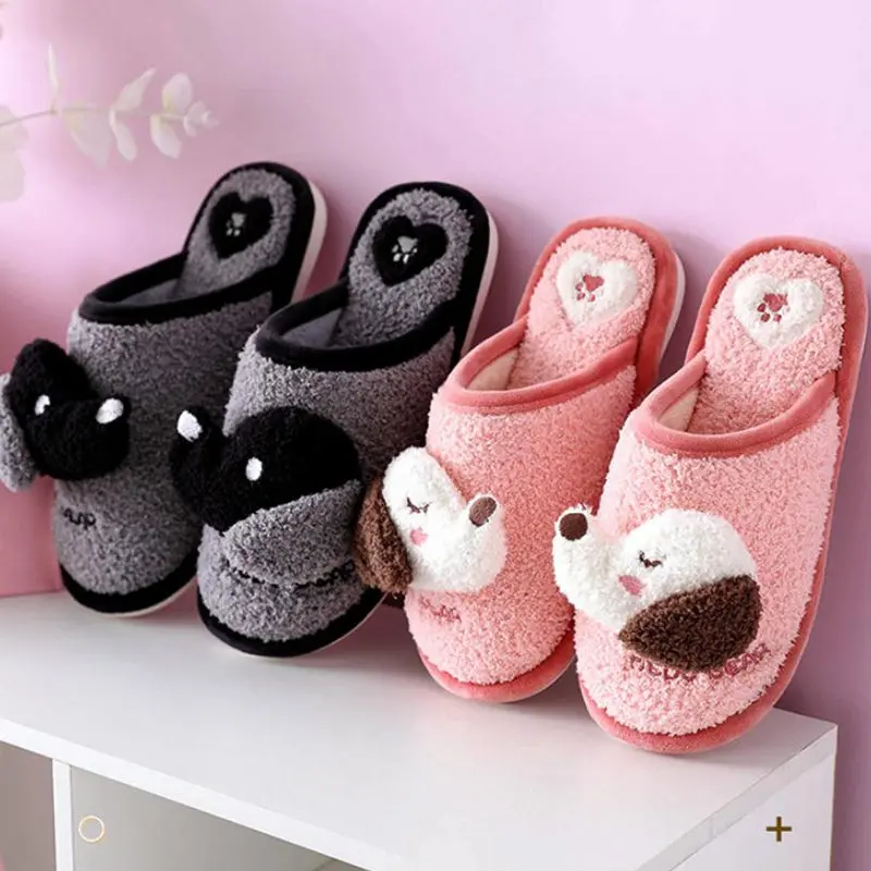 

New Winter Home Cotton Slippers Warm Plush Cute Dog Soft Couple Slippers Indoor House Cozy Warm Non-slip Floor Slipper Boy Girl
