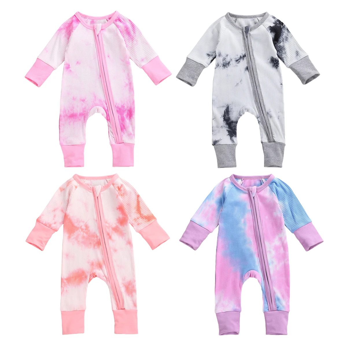 

Autumn Spring Infants Kids Romper Slant Zipper Long Sleeve Striped Dye Printed Homewear Baby Rompers