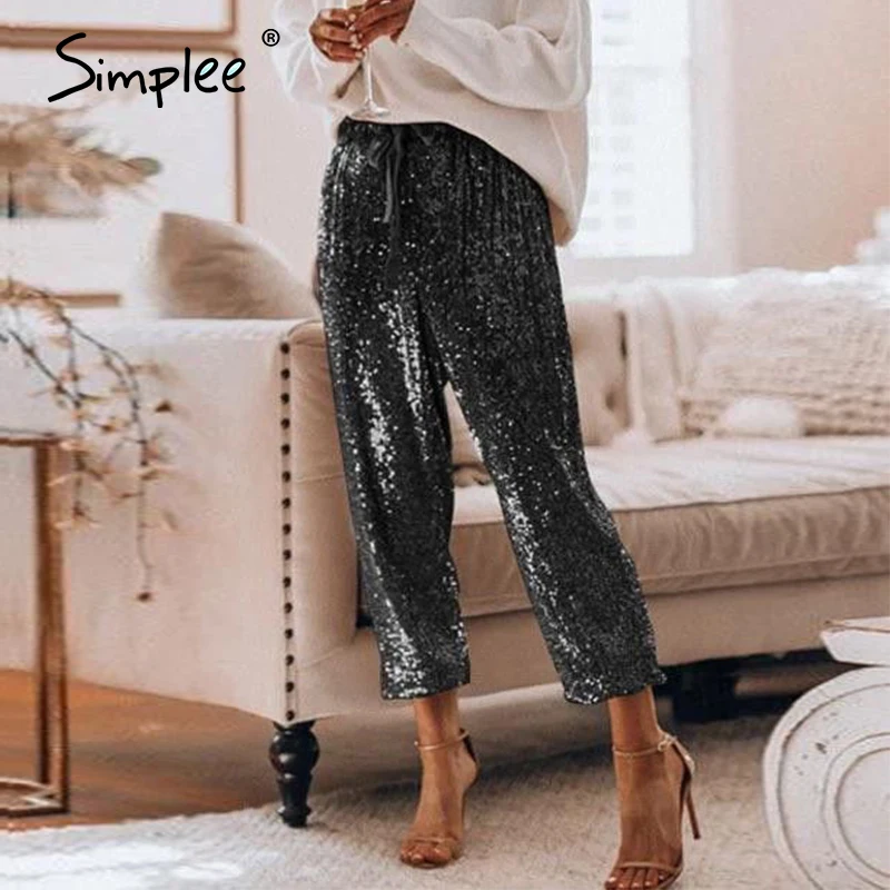 Simplee Casual loose sequin long pants trouser Women high waist fashion summer female Elastic party tie 2020 | Женская одежда