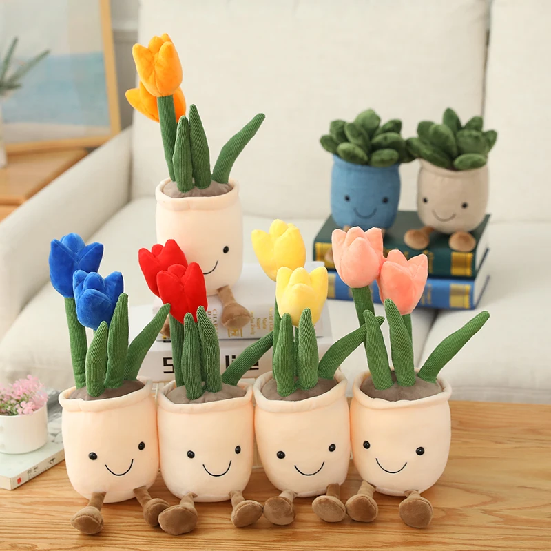 

25cm Lifelike Tulip Succulent Plants Plush Stuffed Toys Soft Bookshelf Decor Doll Creative Potted Flowers Pillow Girls Kids Gift