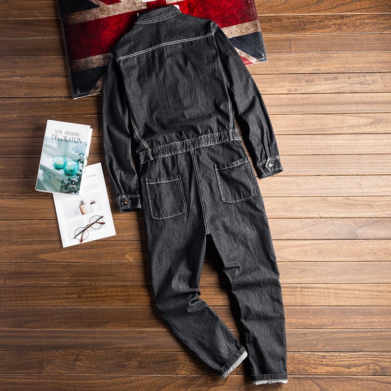 Men's Denim Jumpsuit Long Sleeve Lapel Patch Black Blue Overalls Hip Hop Workwear Leisure Jeans Cargo Pants Freight Trousers