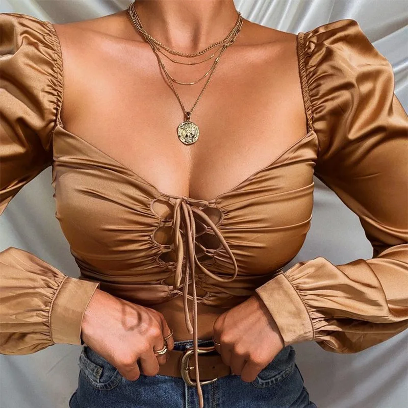 Женская бандажная блузка цвета шампанского золотистого с длинными