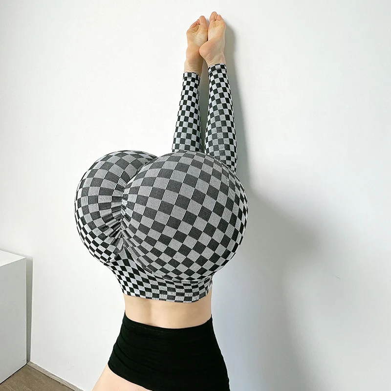 Женские штаны для йоги с принтом в клетку леггинсы фитнеса шахматной сеткой и