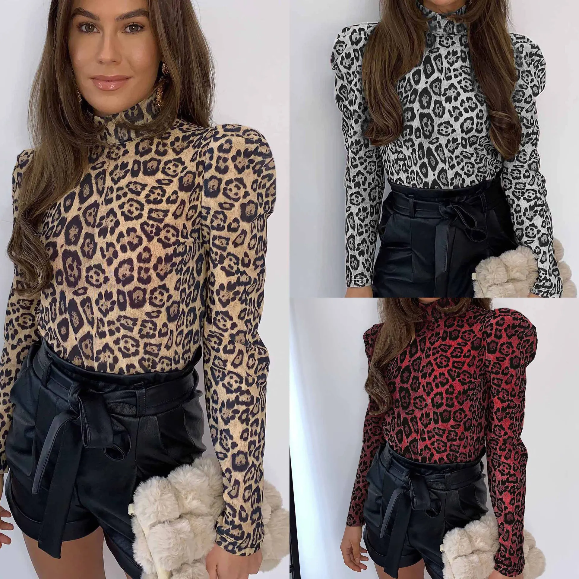 Модная повседневная одежда водолазка с леопардовым принтом женская блузка