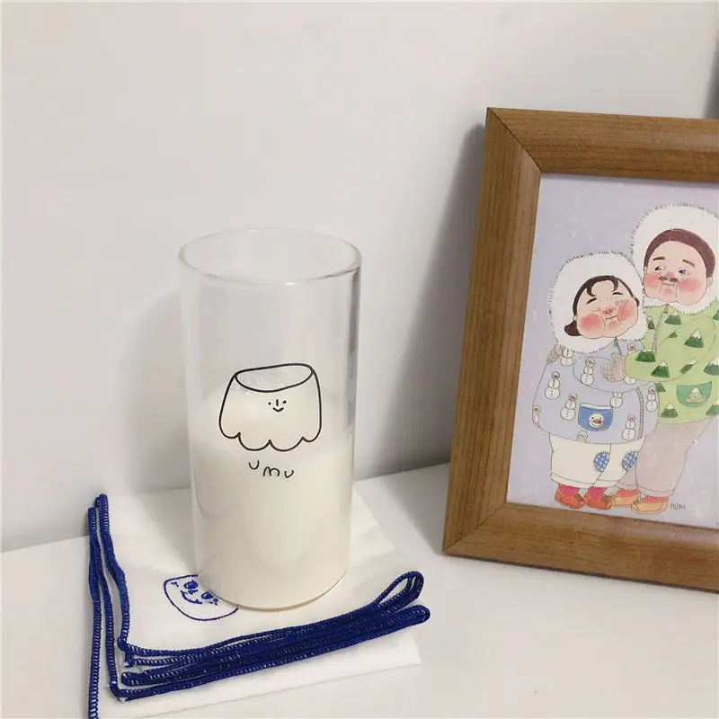 

Ins Korean Style Cartoon Glass Cup With Straw Transparent Coffee Milk Tea Mug Water Cup With Straw