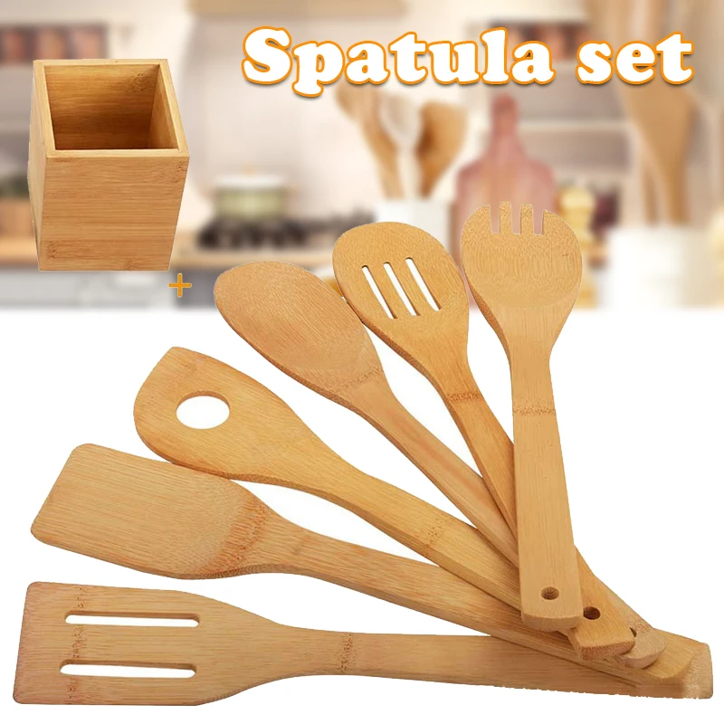 

7 Pcs Bamboo Spatula Set with Square Holder Eco-Friendly with Ergonomic Handle Kitchen Utensil JA55