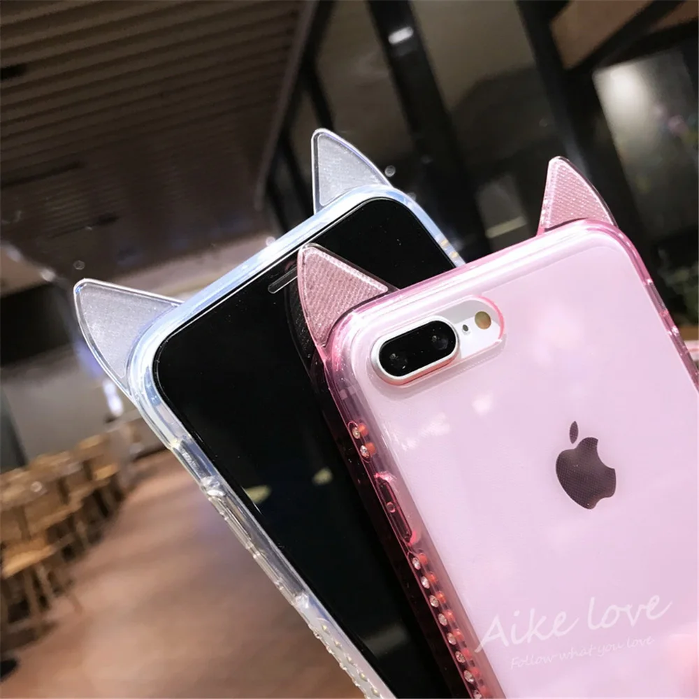 N1986N Телефон чехол для iPhone 6 6s 7 8 Plus X XR XS Max роскошный сверкающий чехол с кристаллами милые кошачьи уши прозрачный мягкий TPU для iPhone X чехол для телефона