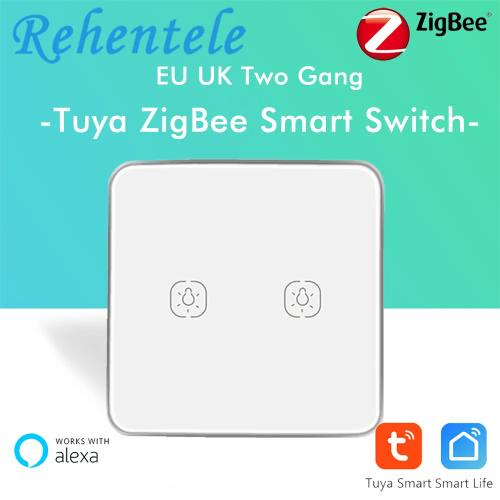 Смарт выключатель Tuya ZigBee Двухкнопочный с голосовым управлением работает