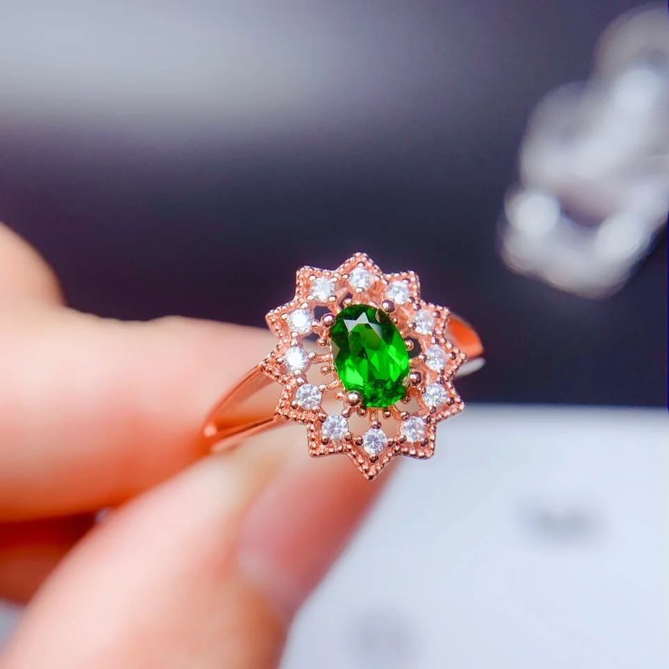

shilovem 925 sterling silver Natural diopside Rings fine Jewelry plant women trendy wedding bands open new 4*6mm bj0406666agt