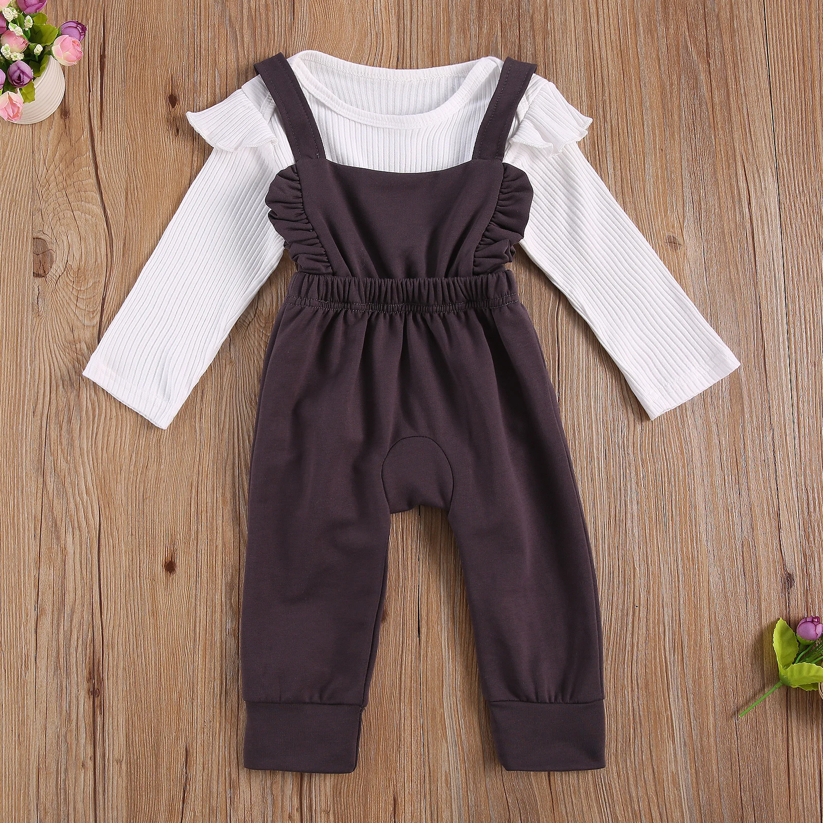 

Autumn Baby Girl Clothes 0-24M Suspender Pants Knitting Long Sleeve Ruffle Shirts Crotch Buttons Pleated High Waist Trousers