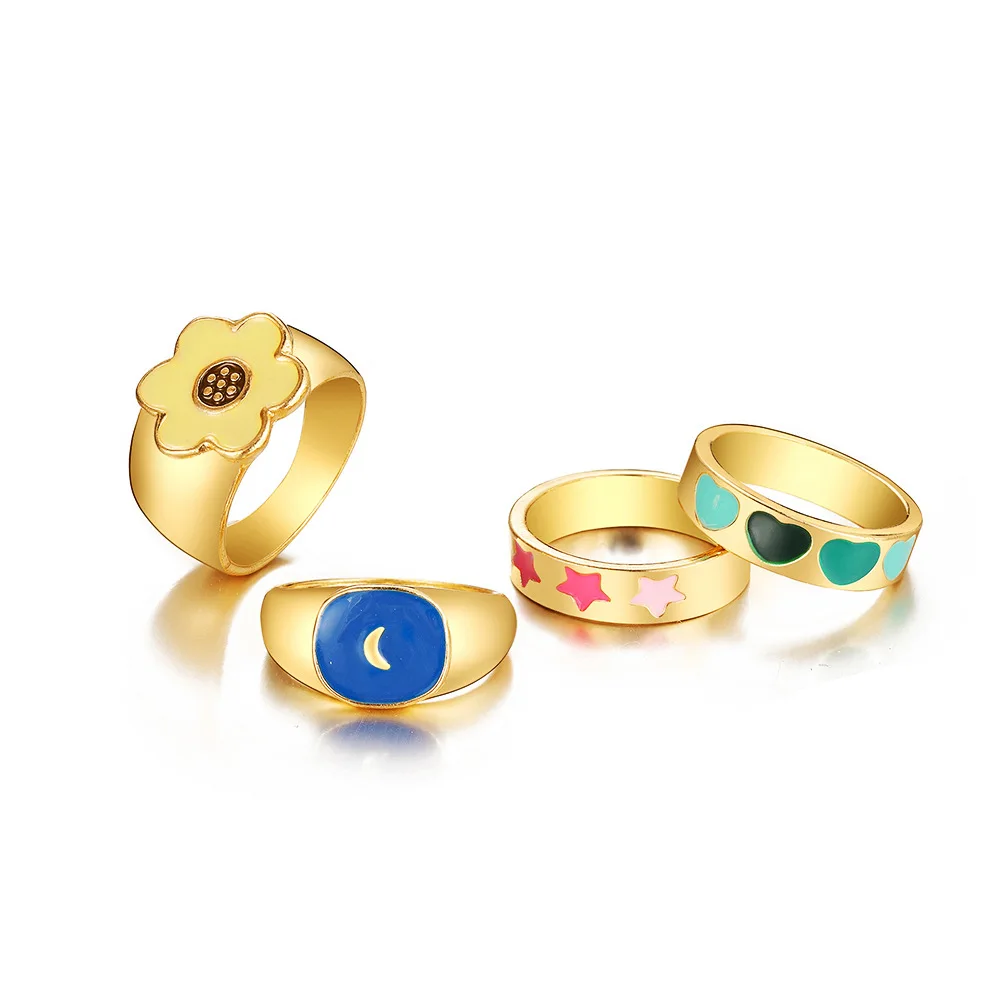 

2021 Trend Stars Moon Rings For Women Fashion Creative Colorful Dripping oil Alloy Women's Ring Wedding Accessories Jewelry Sets