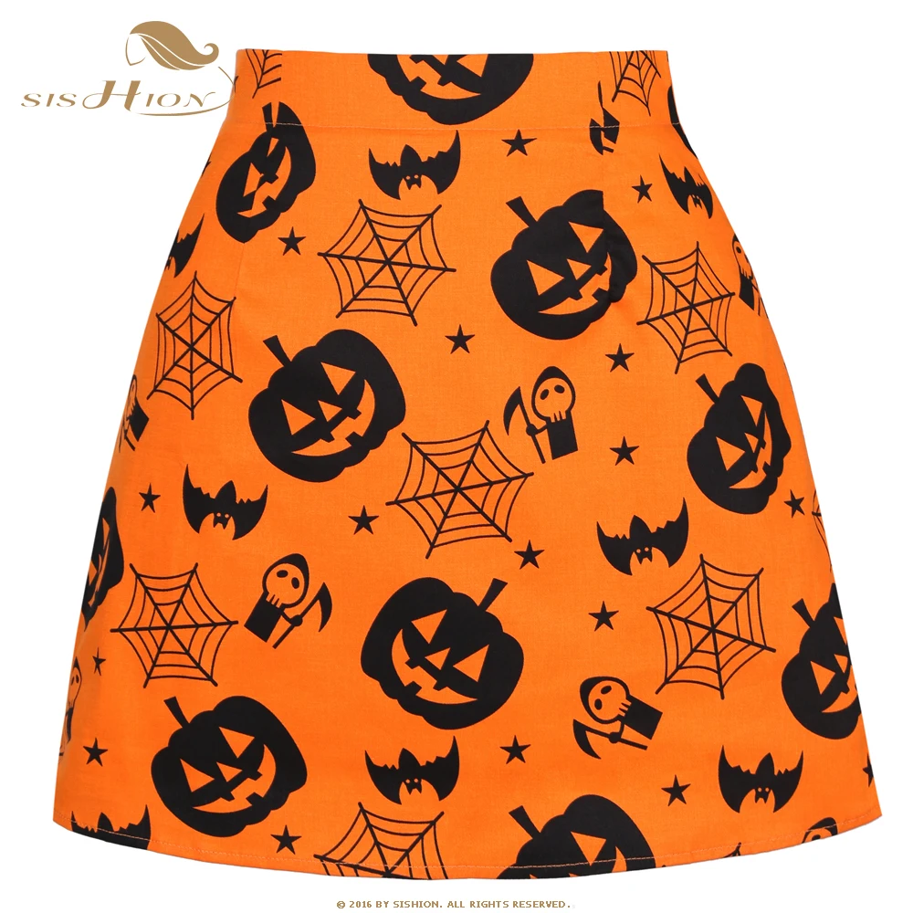 

SISHION 2021 Mini Skirt Cotton Woman Skirts SS0008 Short Sexy Orange Pumpkin Printed Halloween Party Skirt Gothic falda