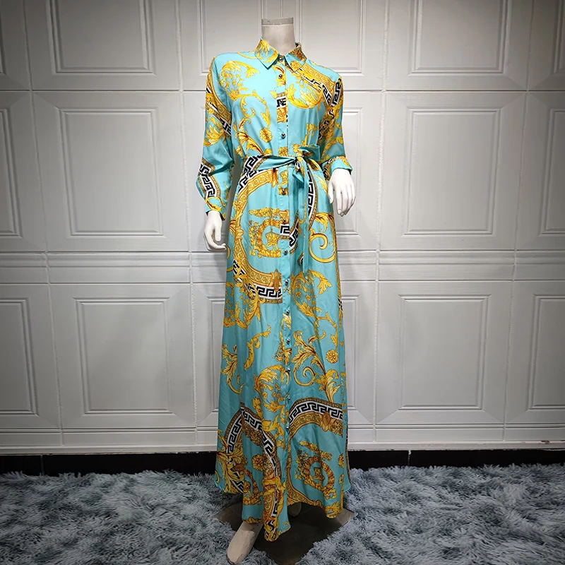 Длинная юбка с этническим принтом женское однобортное платье рубашка лацканами