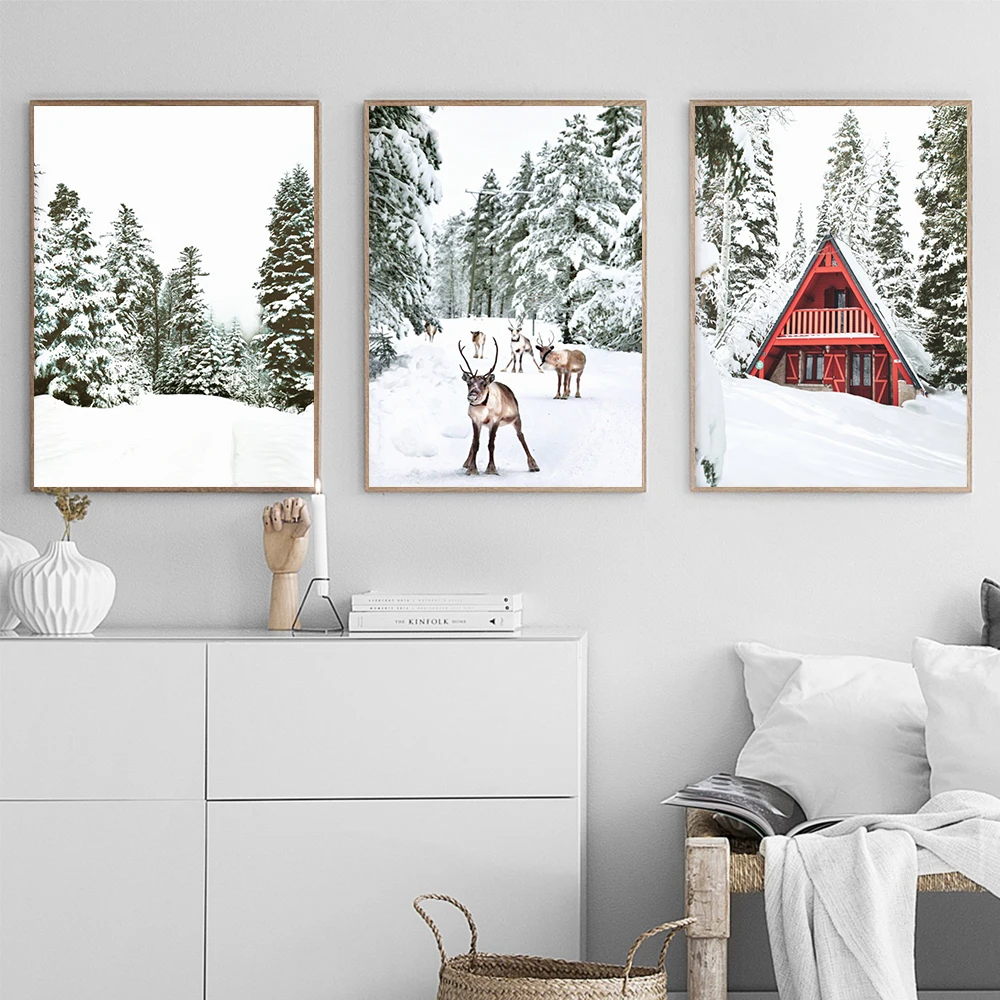 

Winter Poster Christmas Elk Cabin In The Forest Canvas Painting Modern Art Print Holiday Gift Wall Picture For Living Room Decor
