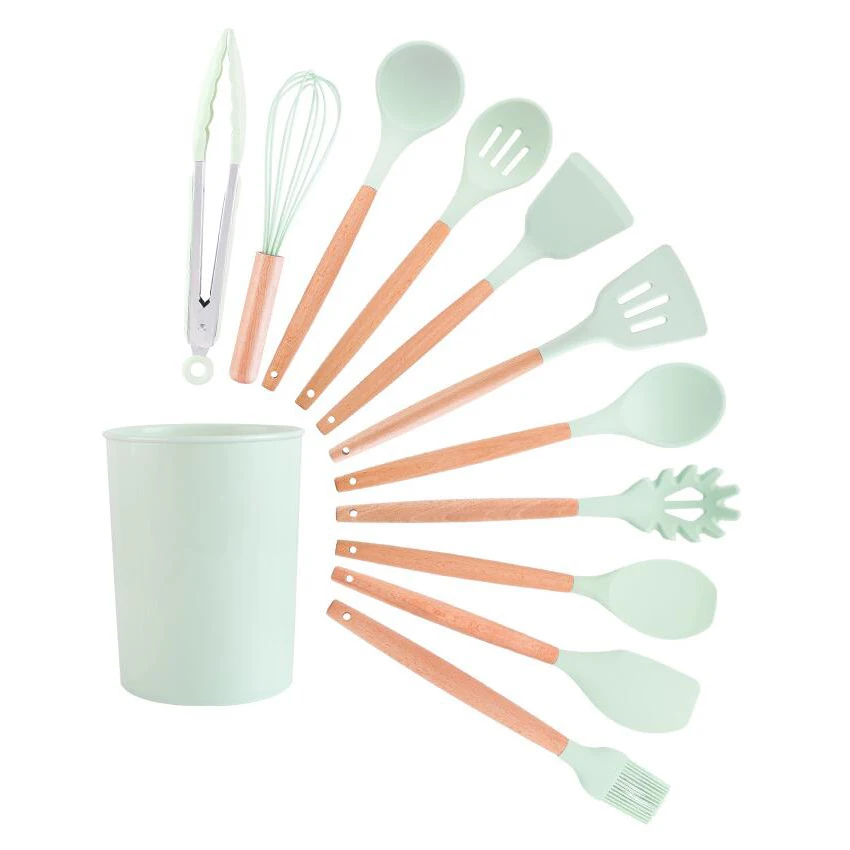 

11PCS Silicone Kitchenware Non-stick Cookware Cooking Tool Spoon Eggbeater Food Clip Wooden Handle With Storage Box Kitchen Tool