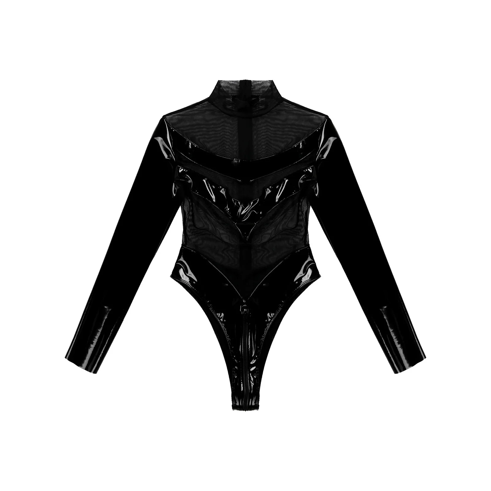

New Arrival Women See-through Mesh Patchwork Long Sleeve Bodysuit Zipper Back Mock Neck Catsuit Leather Leotard Clubwear Costume