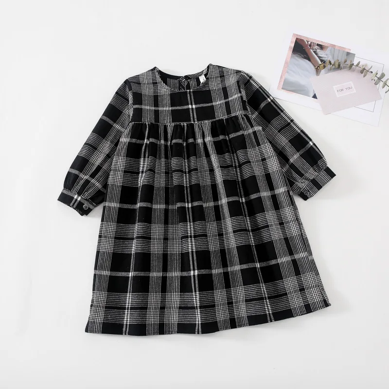 

2020 New Fashion Summer Dress Retro Plaid Black Literary Dress Long Sleeve Girl Clothes Toddler Dress For Girls Suit 1-5 Age