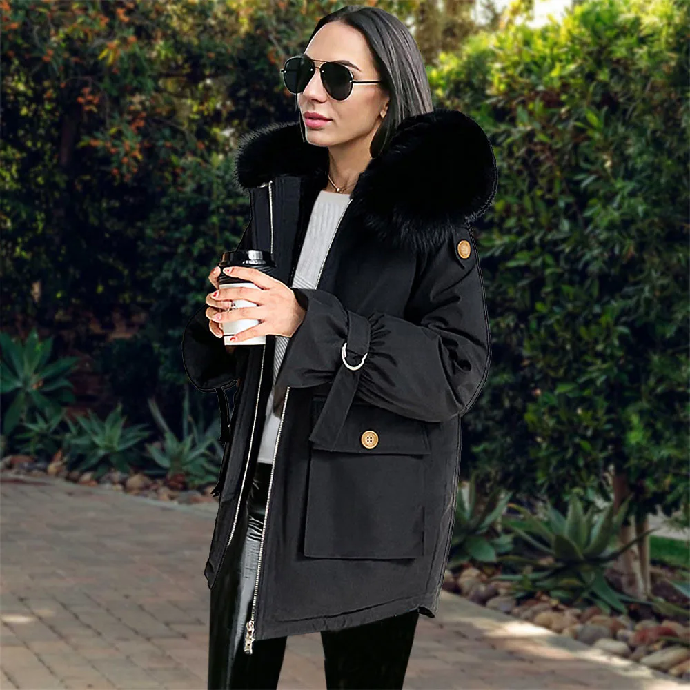 Women's Winter New Hooded Thick Warm Jacket Mid-Length Black Brown Jacket Fashion Fur Collar Casual Parker Jacket S-XXL enlarge