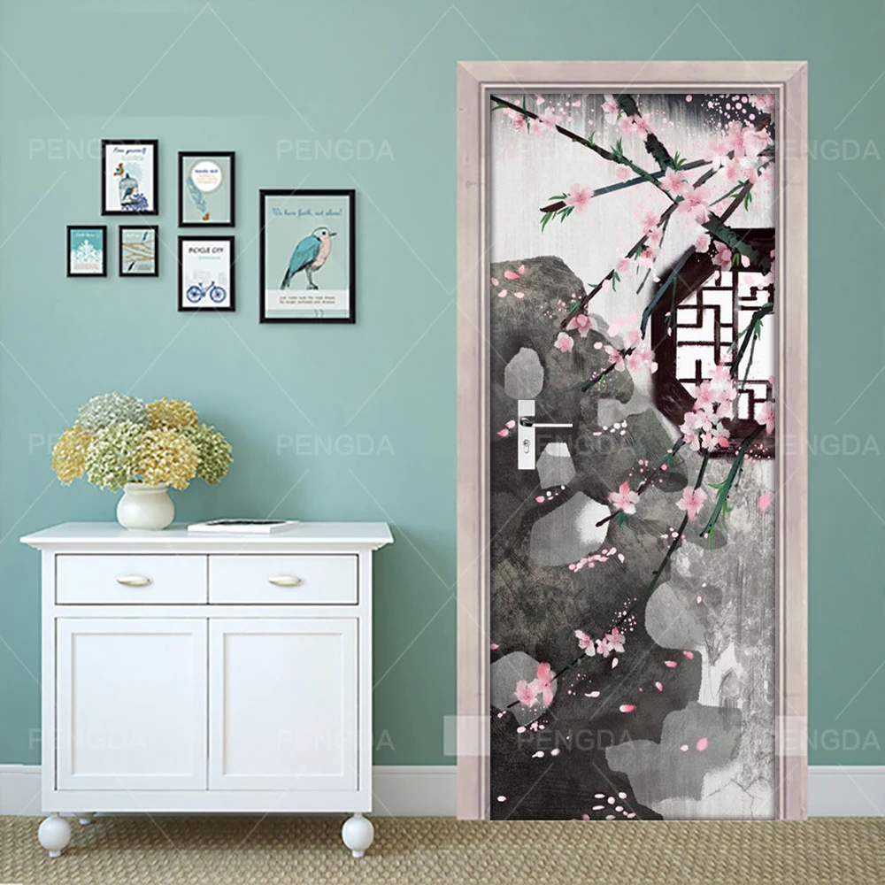 Печатная 3D дверь самоклеющаяся наклейка двора сливы цветок картина постер