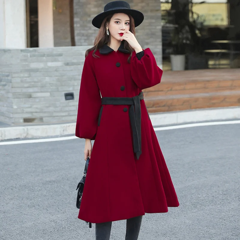 Винтажные длинные шерстяные пальто с рукавами-фонариками куртки Женская