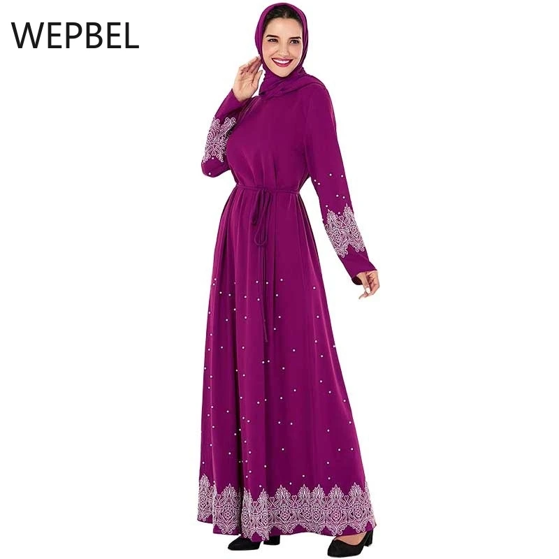 WEPBEL Women Muslim Dress Long Sleeve Beaded Applique Abaya Slim Fit Fashion Dubai Robe Solid Color Casual Big Swing Dresses | Женская