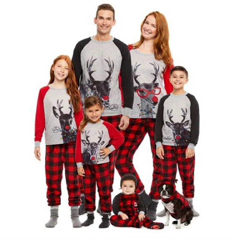 

Family Matching Christmas Pajamas Mother Daughter Dad Son Baby Kids Elk Print Plaid Suit for Family Look Home Pajamas Set
