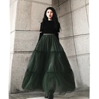 free shipping 2021 new fashion guaze long maxi skirts for women spring autumn ladies skirts s xl a line green elastic high waist
