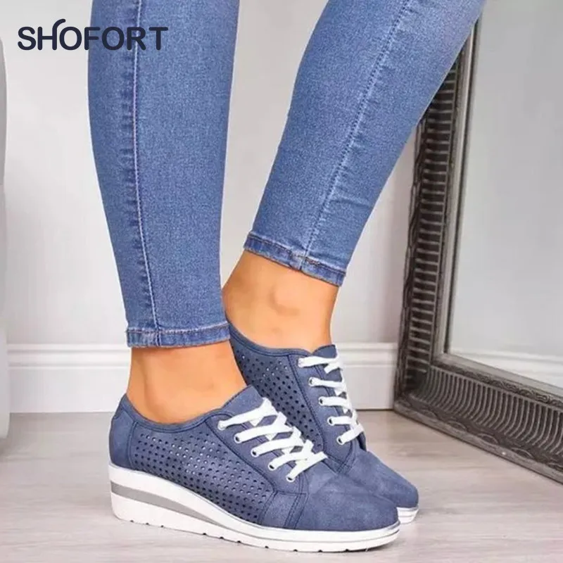 SHOFORT/женские кроссовки Модная обувь на танкетке Повседневная парусиновая Обувь