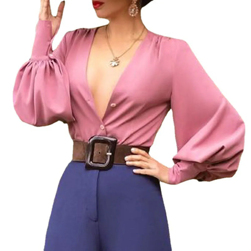 

V-neck Lantern Sleeve Blouse Loose Casual Buttons Cardigan Commute Oversize Solid Color Single-breasted Western Style 2021