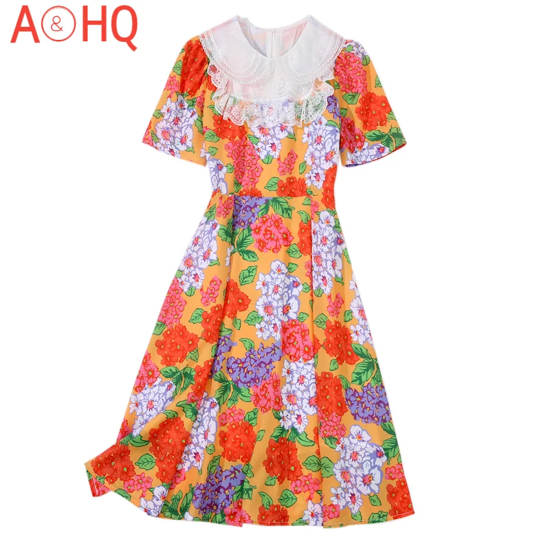 

Runway Summer New Women's Round Neck Embroidery Lace Patchwork Flowers Print Short Sleeve Vacation Casual Chic Fashion Dress